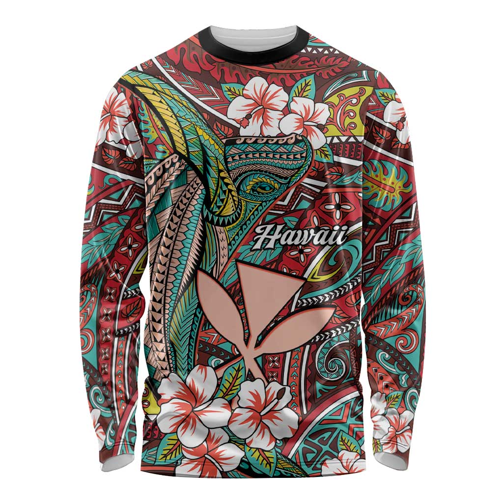 Personalised Hawaii Tribal Humpback Whale Long Sleeve Shirt Ulaula Hibiscus Seamless Pattern