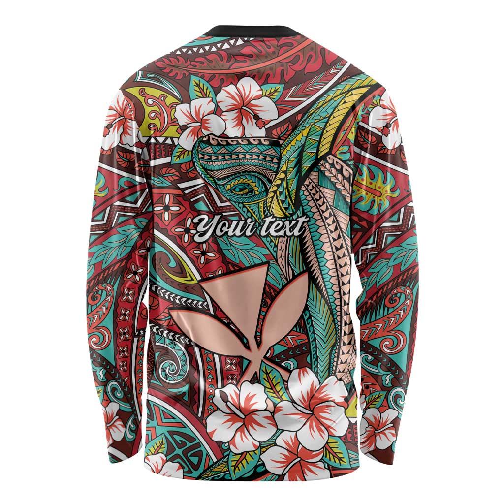 Personalised Hawaii Tribal Humpback Whale Long Sleeve Shirt Ulaula Hibiscus Seamless Pattern