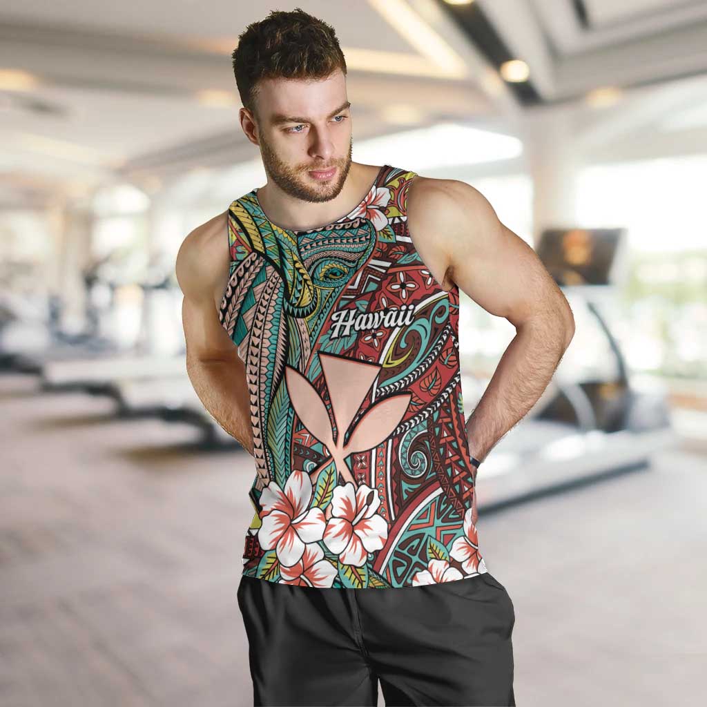 Personalised Hawaii Tribal Humpback Whale Men Tank Top Ulaula Hibiscus Seamless Pattern