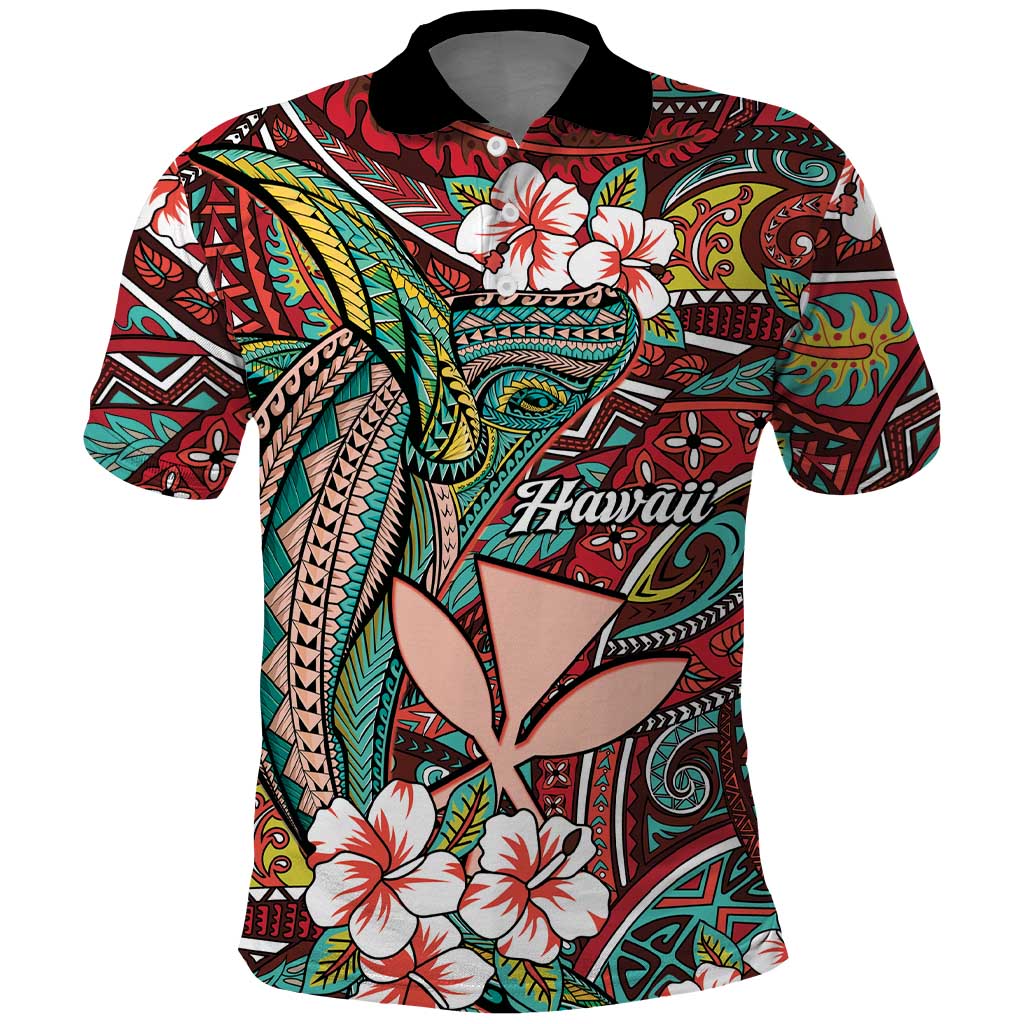 Personalised Hawaii Tribal Humpback Whale Polo Shirt Ulaula Hibiscus Seamless Pattern