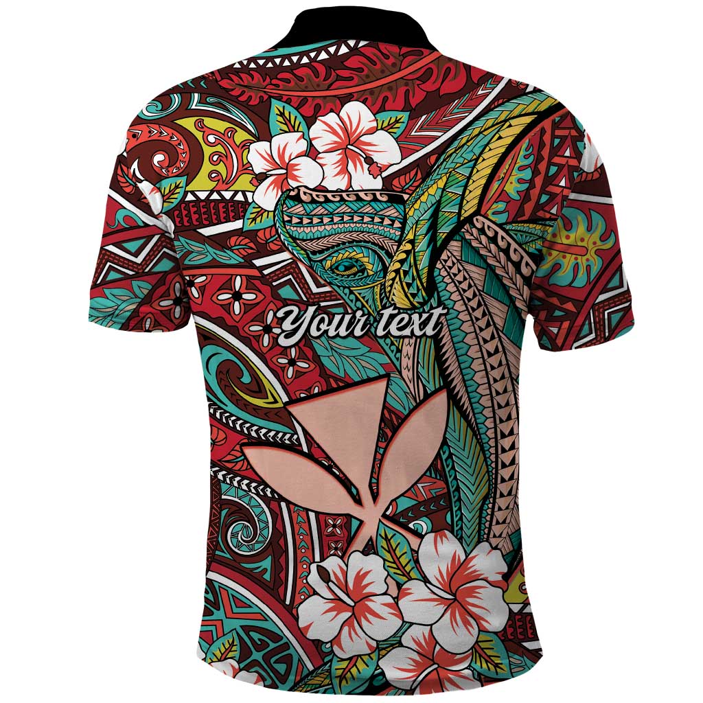 Personalised Hawaii Tribal Humpback Whale Polo Shirt Ulaula Hibiscus Seamless Pattern