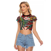 Personalised Hawaii Tribal Humpback Whale Raglan Cropped T Shirt Ulaula Hibiscus Seamless Pattern