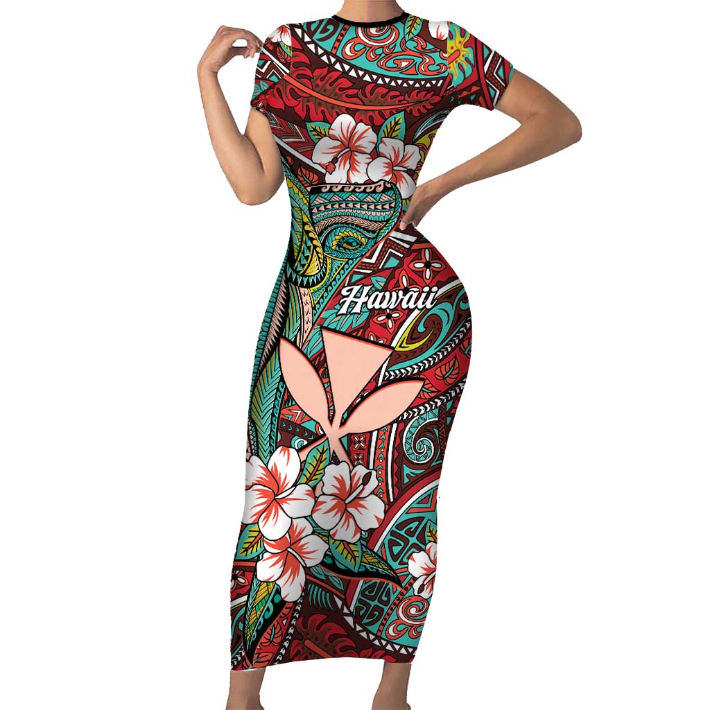 Personalised Hawaii Tribal Humpback Whale Short Sleeve Bodycon Dress Ulaula Hibiscus Seamless Pattern