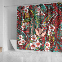 Personalised Hawaii Tribal Humpback Whale Shower Curtain Ulaula Hibiscus Seamless Pattern