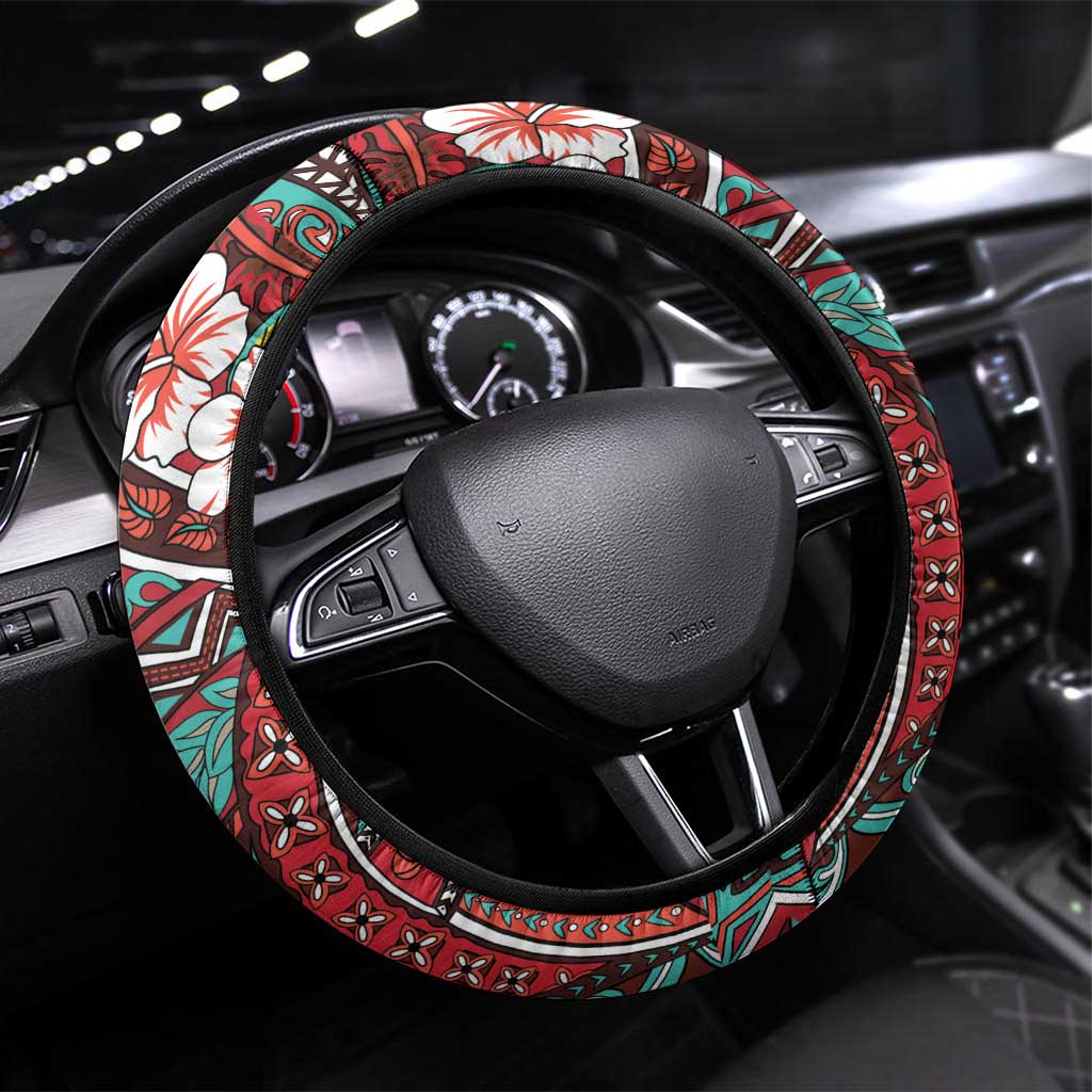 Hawaii Tribal Humpback Whale Steering Wheel Cover Ulaula Hibiscus Seamless Pattern