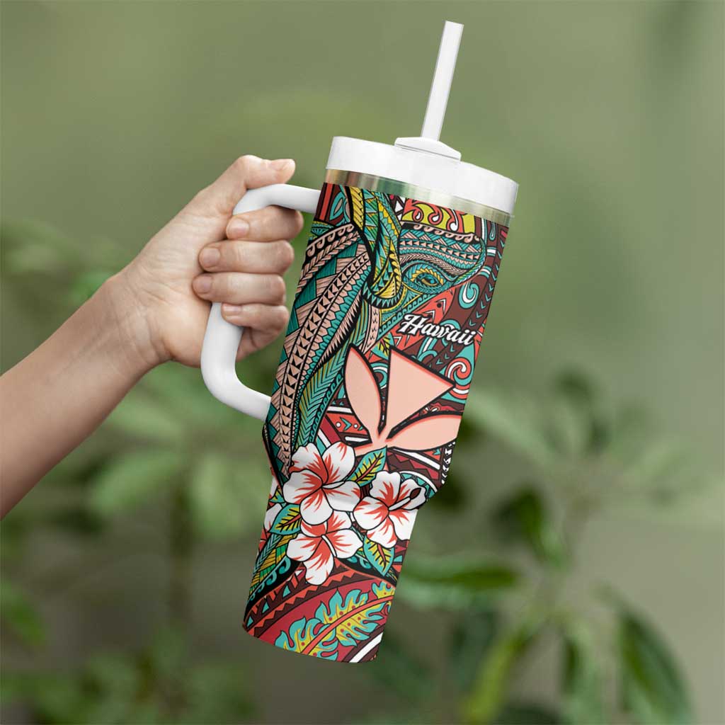 Personalised Hawaii Tribal Humpback Whale Tumbler With Handle Ulaula Hibiscus Seamless Pattern