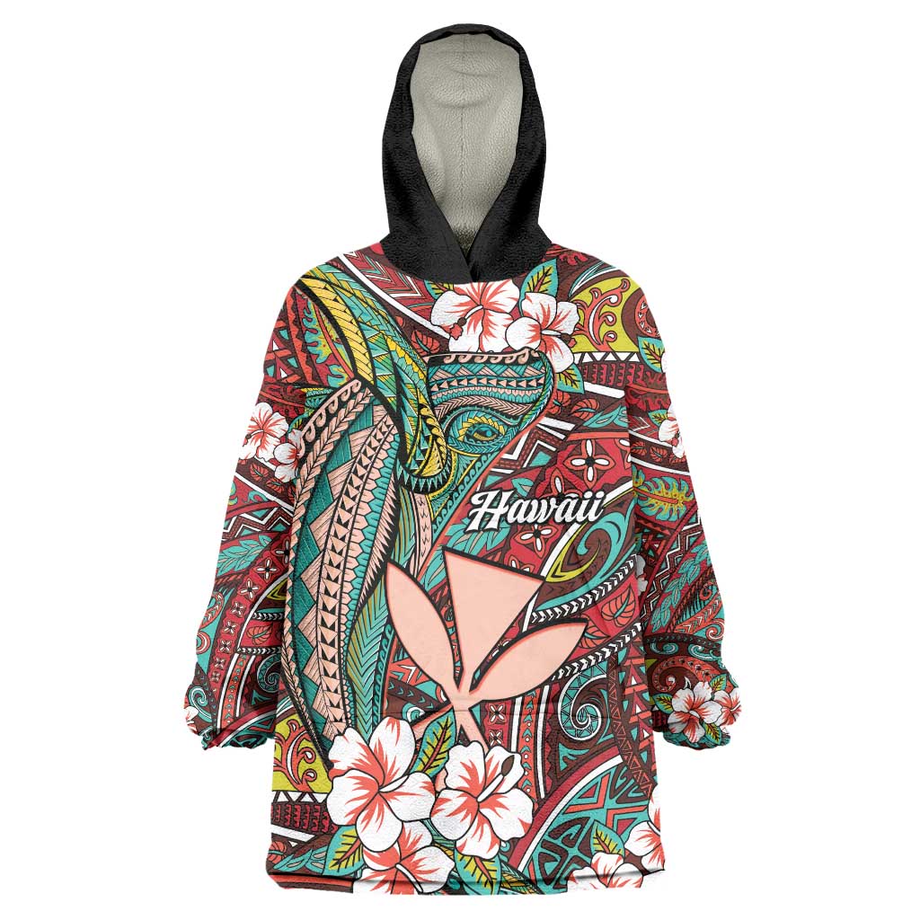 Personalised Hawaii Tribal Humpback Whale Wearable Blanket Hoodie Ulaula Hibiscus Seamless Pattern