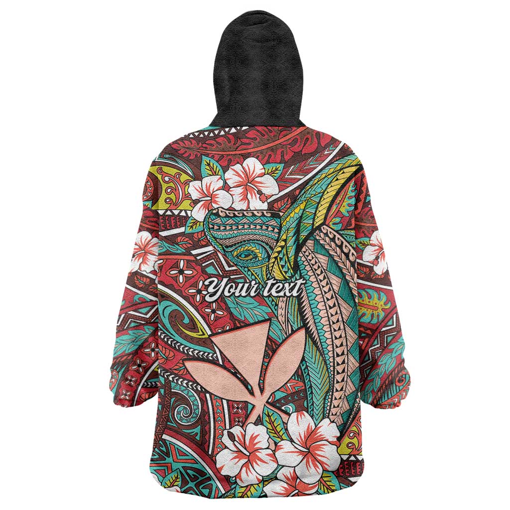 Personalised Hawaii Tribal Humpback Whale Wearable Blanket Hoodie Ulaula Hibiscus Seamless Pattern