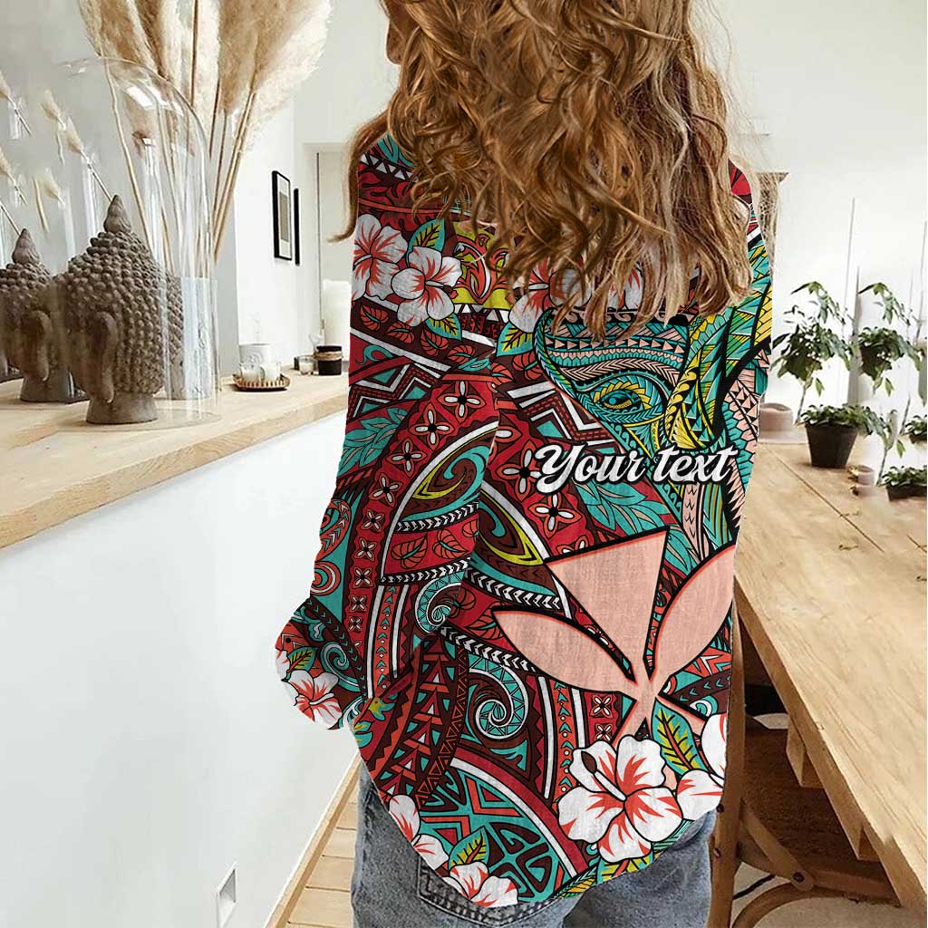 Personalised Hawaii Tribal Humpback Whale Women Casual Shirt Ulaula Hibiscus Seamless Pattern