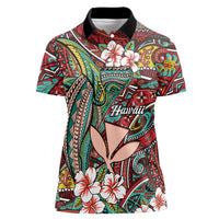 Personalised Hawaii Tribal Humpback Whale Women Polo Shirt Ulaula Hibiscus Seamless Pattern