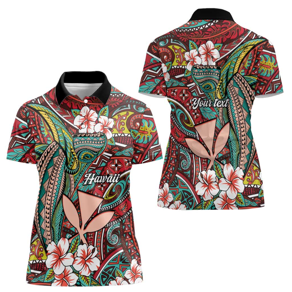 Personalised Hawaii Tribal Humpback Whale Women Polo Shirt Ulaula Hibiscus Seamless Pattern