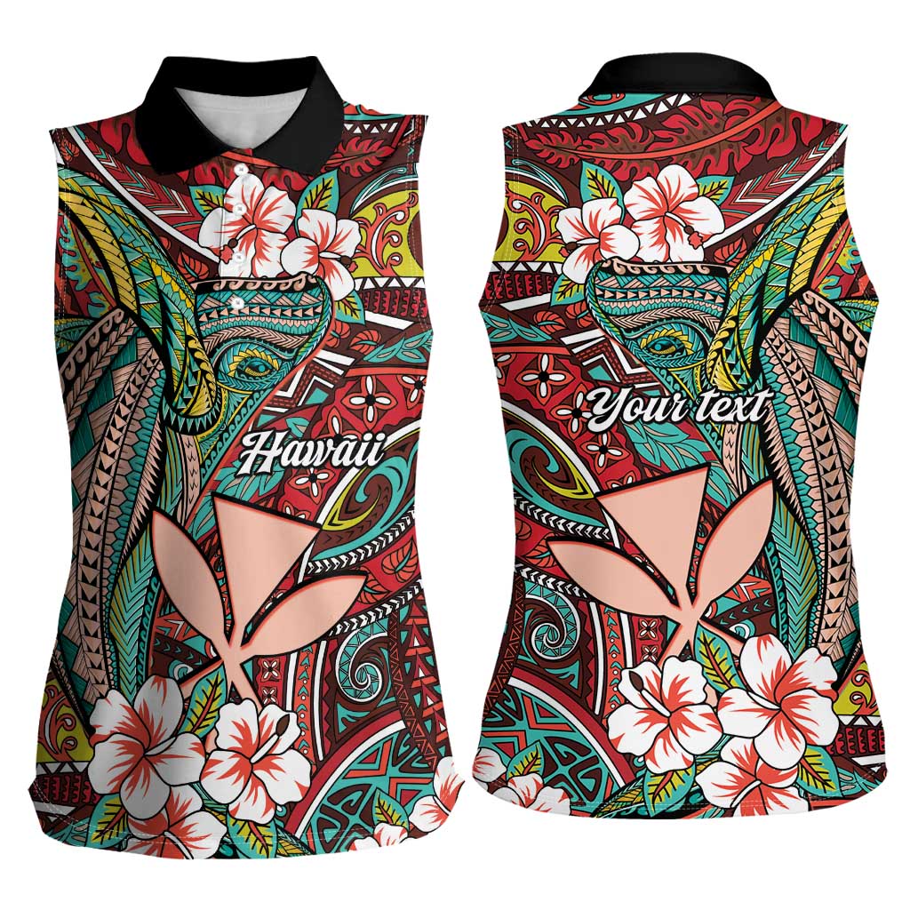 Personalised Hawaii Tribal Humpback Whale Women Sleeveless Polo Shirt Ulaula Hibiscus Seamless Pattern