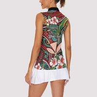 Personalised Hawaii Tribal Humpback Whale Women Sleeveless Polo Shirt Ulaula Hibiscus Seamless Pattern