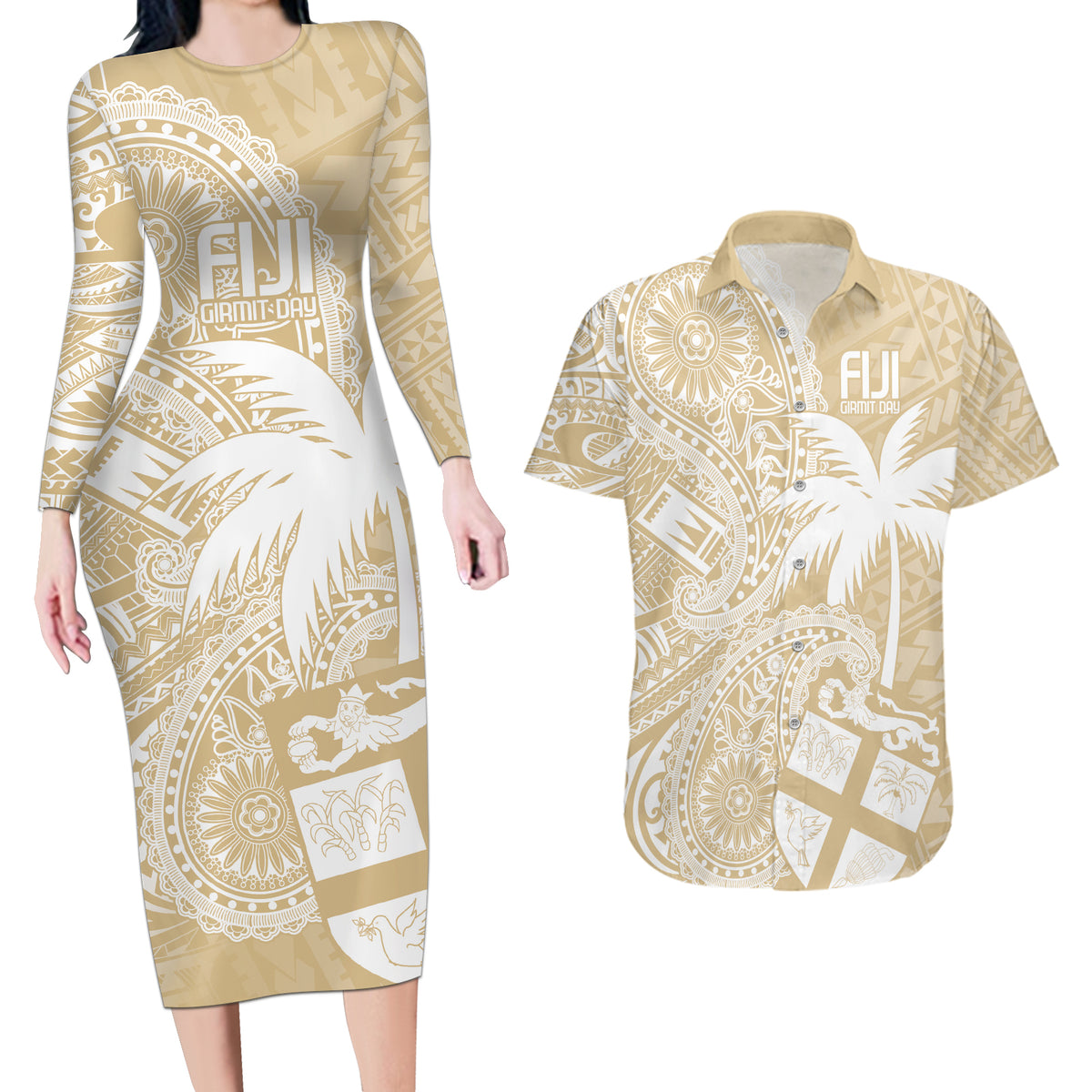 Custom Indo Fijians Couples Matching Long Sleeve Bodycon Dress and Hawaiian Shirt Fiji ke Hindustani Polyneisan Paisley Beige Style LT9 Beige - Polynesian Pride