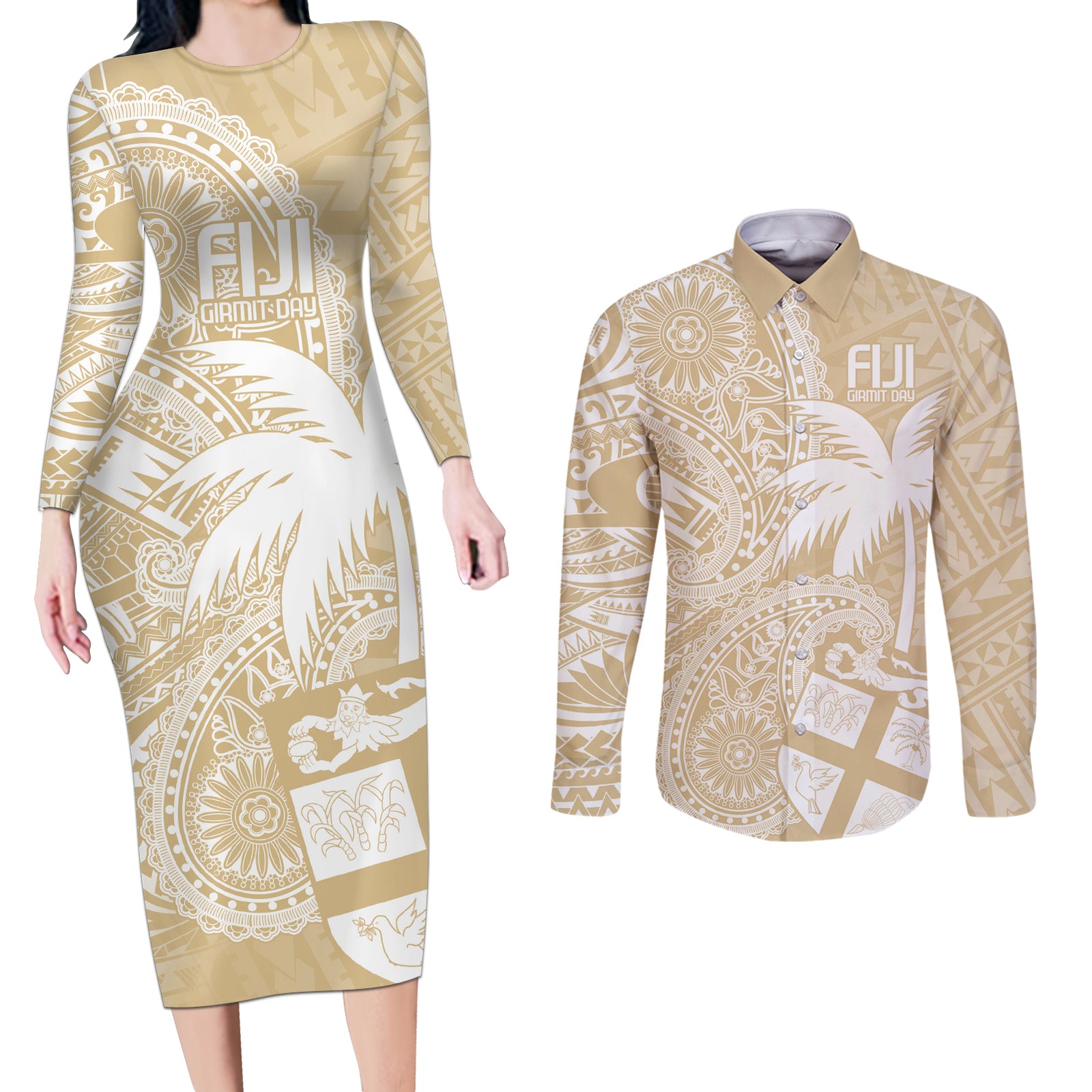 Custom Indo Fijians Couples Matching Long Sleeve Bodycon Dress and Long Sleeve Button Shirt Fiji ke Hindustani Polyneisan Paisley Beige Style
