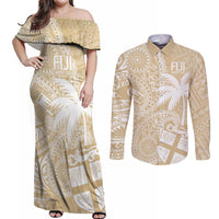 Custom Indo Fijians Couples Matching Off Shoulder Maxi Dress and Long Sleeve Button Shirt Fiji ke Hindustani Polyneisan Paisley Beige Style LT9 Beige - Polynesian Pride