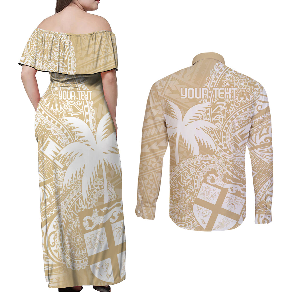 Custom Indo Fijians Couples Matching Off Shoulder Maxi Dress and Long Sleeve Button Shirt Fiji ke Hindustani Polyneisan Paisley Beige Style LT9 - Polynesian Pride