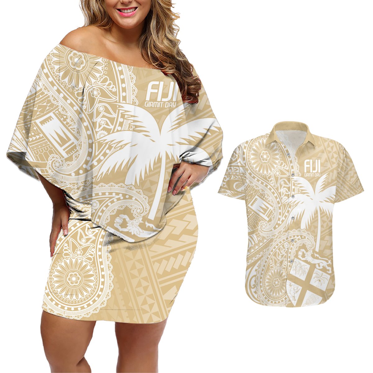 Custom Indo Fijians Couples Matching Off Shoulder Short Dress and Hawaiian Shirt Fiji ke Hindustani Polyneisan Paisley Beige Style LT9 Beige - Polynesian Pride