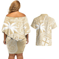 Custom Indo Fijians Couples Matching Off Shoulder Short Dress and Hawaiian Shirt Fiji ke Hindustani Polyneisan Paisley Beige Style LT9 - Polynesian Pride