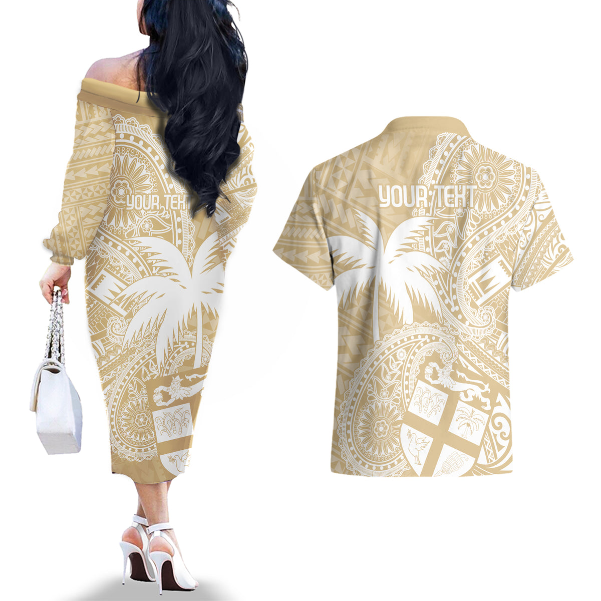 Custom Indo Fijians Couples Matching Off The Shoulder Long Sleeve Dress and Hawaiian Shirt Fiji ke Hindustani Polyneisan Paisley Beige Style