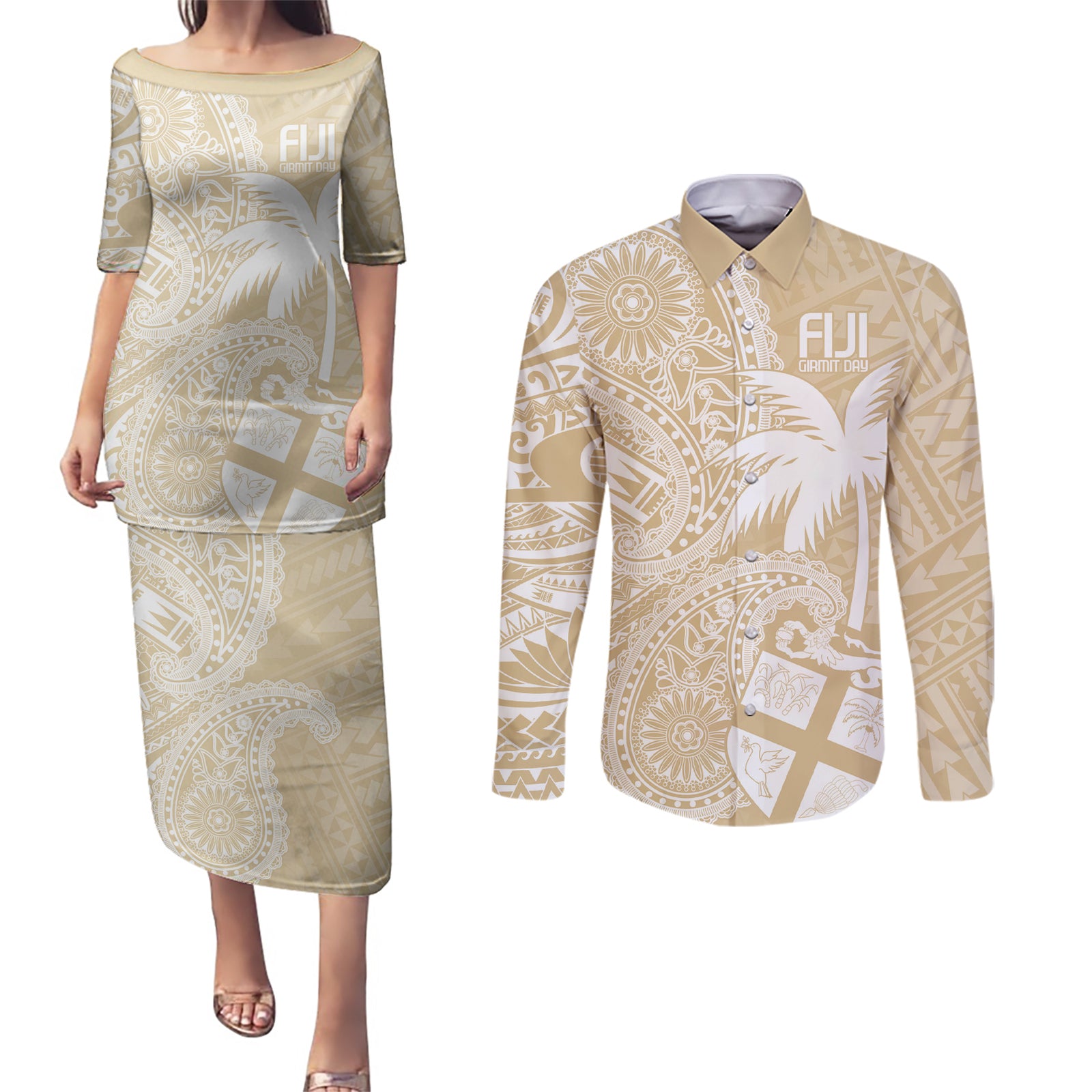 Custom Indo Fijians Couples Matching Puletasi and Long Sleeve Button Shirt Fiji ke Hindustani Polyneisan Paisley Beige Style