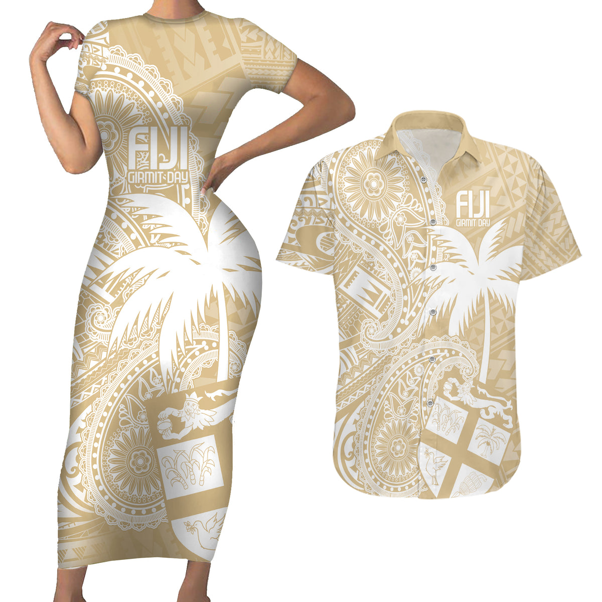 Custom Indo Fijians Couples Matching Short Sleeve Bodycon Dress and Hawaiian Shirt Fiji ke Hindustani Polyneisan Paisley Beige Style LT9 Beige - Polynesian Pride