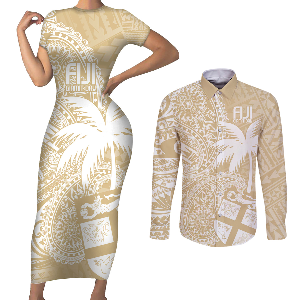 Custom Indo Fijians Couples Matching Short Sleeve Bodycon Dress and Long Sleeve Button Shirt Fiji ke Hindustani Polyneisan Paisley Beige Style LT9 Beige - Polynesian Pride