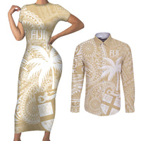 Custom Indo Fijians Couples Matching Short Sleeve Bodycon Dress and Long Sleeve Button Shirt Fiji ke Hindustani Polyneisan Paisley Beige Style LT9 Beige - Polynesian Pride