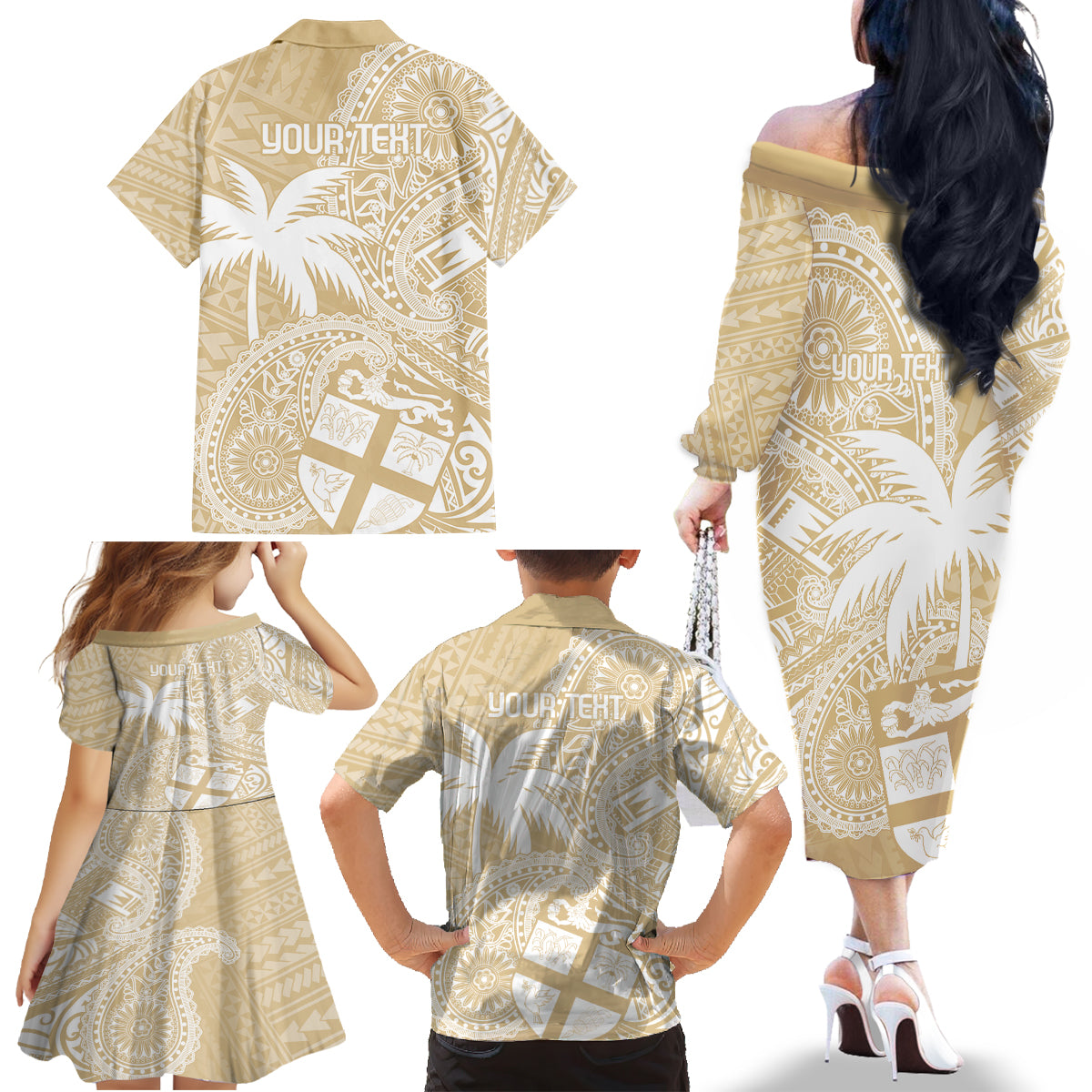 Custom Indo Fijians Family Matching Off The Shoulder Long Sleeve Dress and Hawaiian Shirt Fiji ke Hindustani Polyneisan Paisley Beige Style