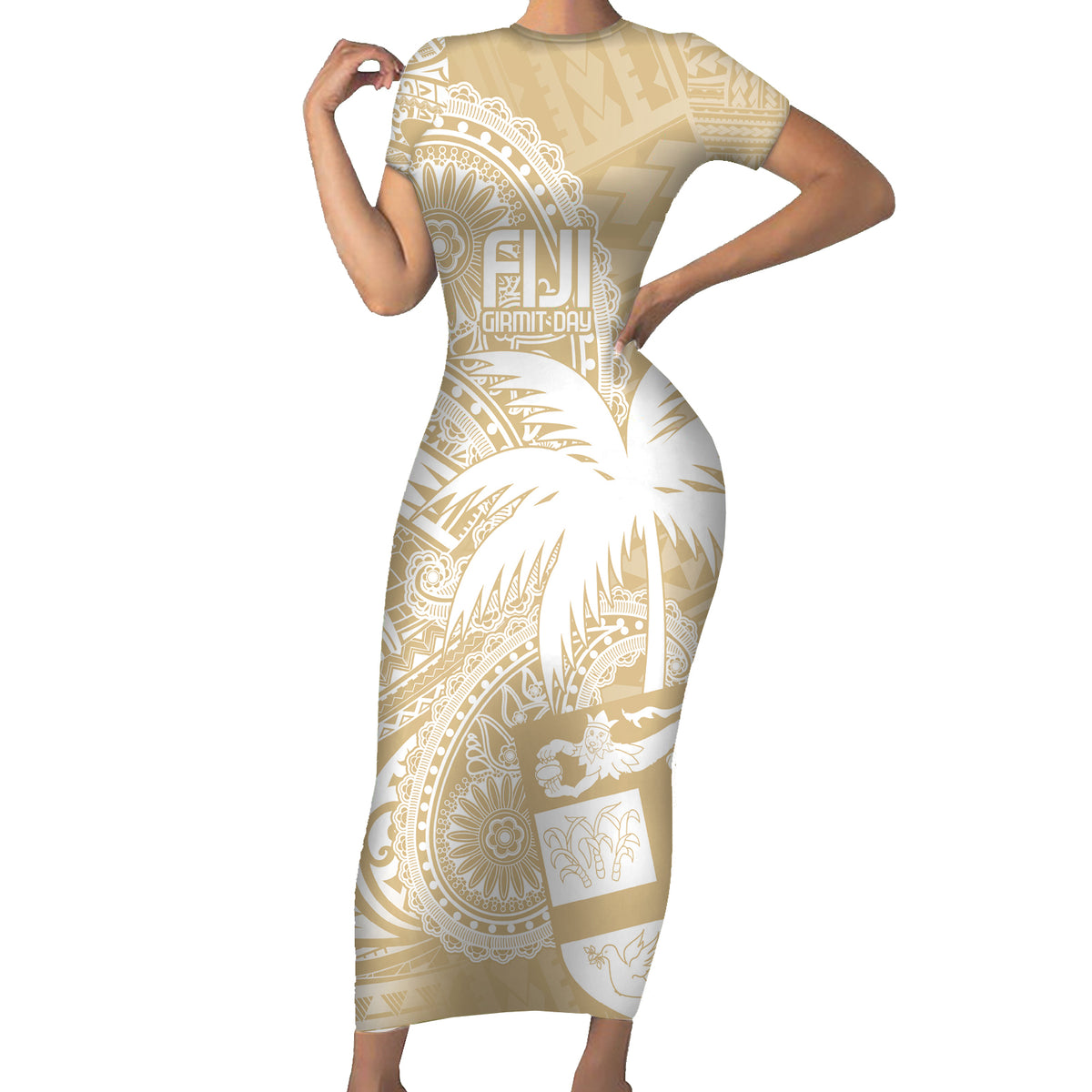 Custom Indo Fijians Family Matching Short Sleeve Bodycon Dress and Hawaiian Shirt Fiji ke Hindustani Polyneisan Paisley Beige Style