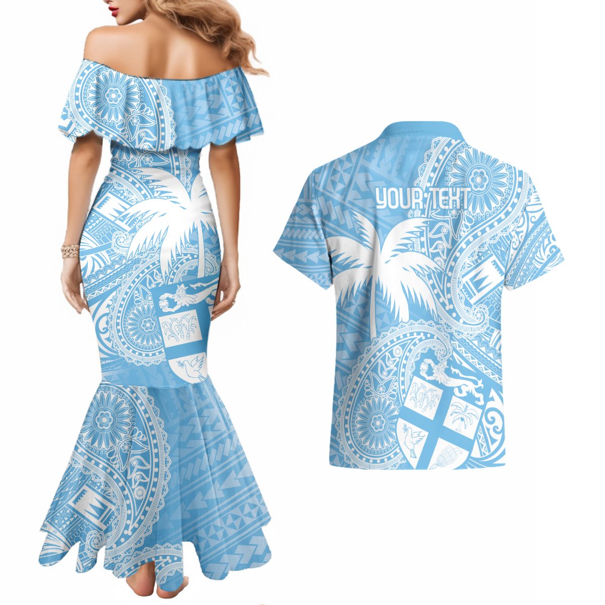 Custom Indo Fijians Couples Matching Mermaid Dress and Hawaiian Shirt Fiji ke Hindustani Polyneisan Paisley Blue Style LT9 - Polynesian Pride