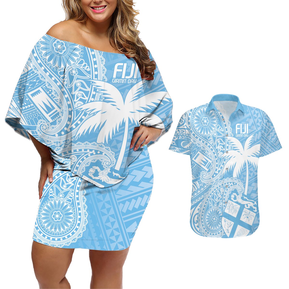 Custom Indo Fijians Couples Matching Off Shoulder Short Dress and Hawaiian Shirt Fiji ke Hindustani Polyneisan Paisley Blue Style LT9 Blue - Polynesian Pride