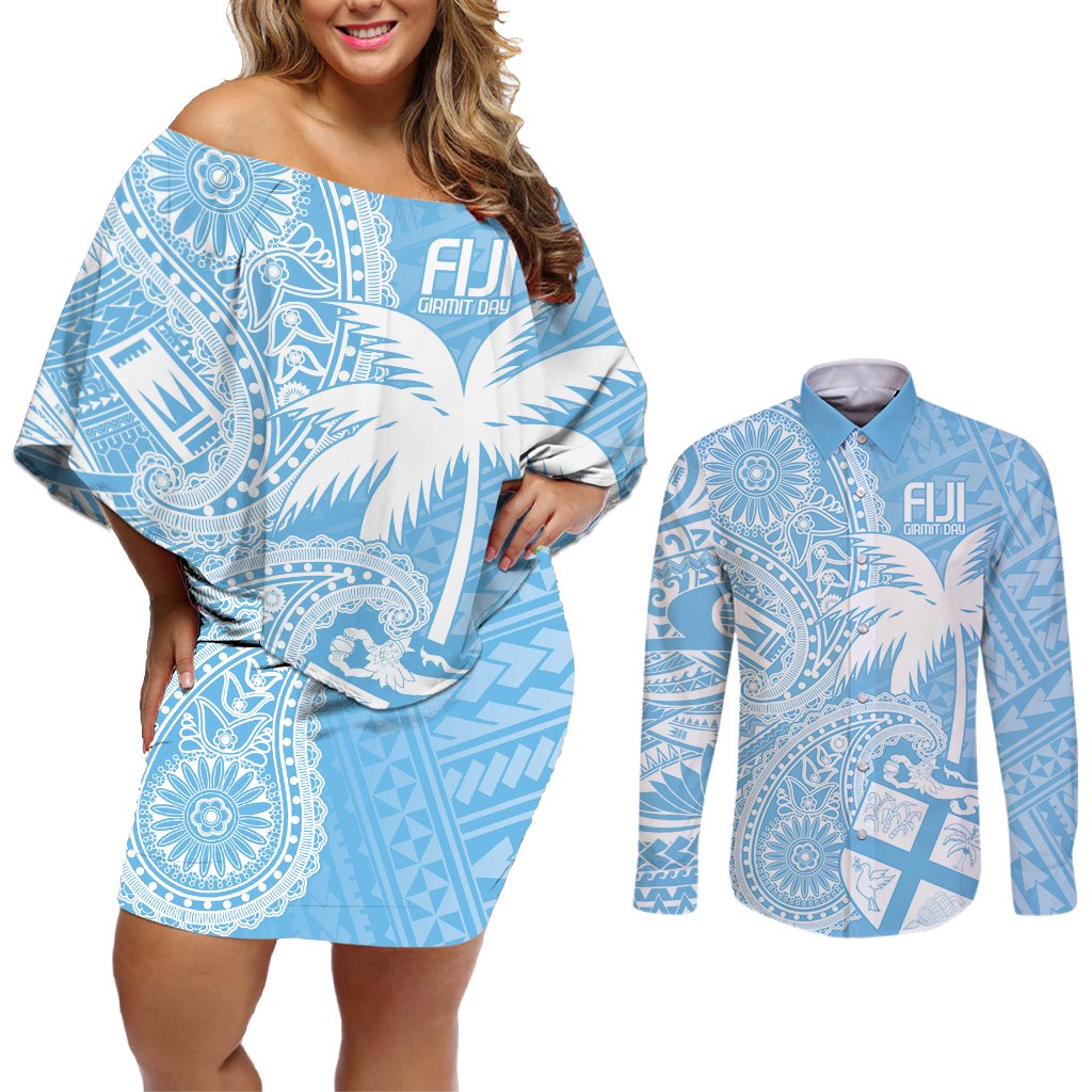 Custom Indo Fijians Couples Matching Off Shoulder Short Dress and Long Sleeve Button Shirt Fiji ke Hindustani Polyneisan Paisley Blue Style LT9 Blue - Polynesian Pride