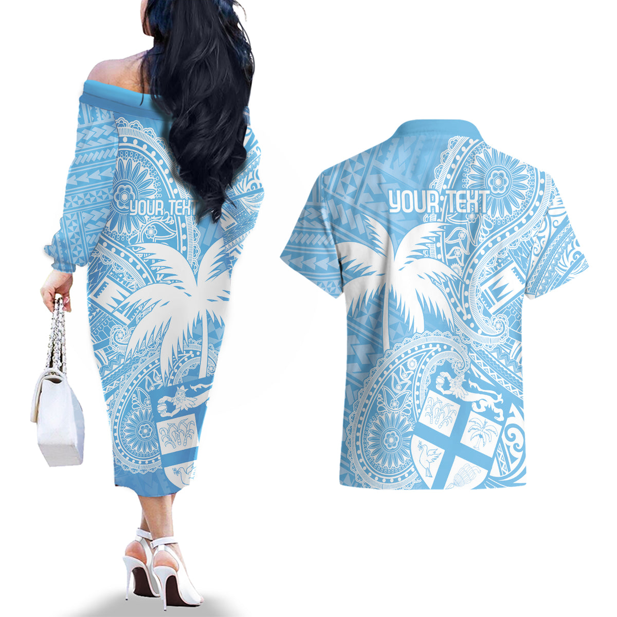 Custom Indo Fijians Couples Matching Off The Shoulder Long Sleeve Dress and Hawaiian Shirt Fiji ke Hindustani Polyneisan Paisley Blue Style