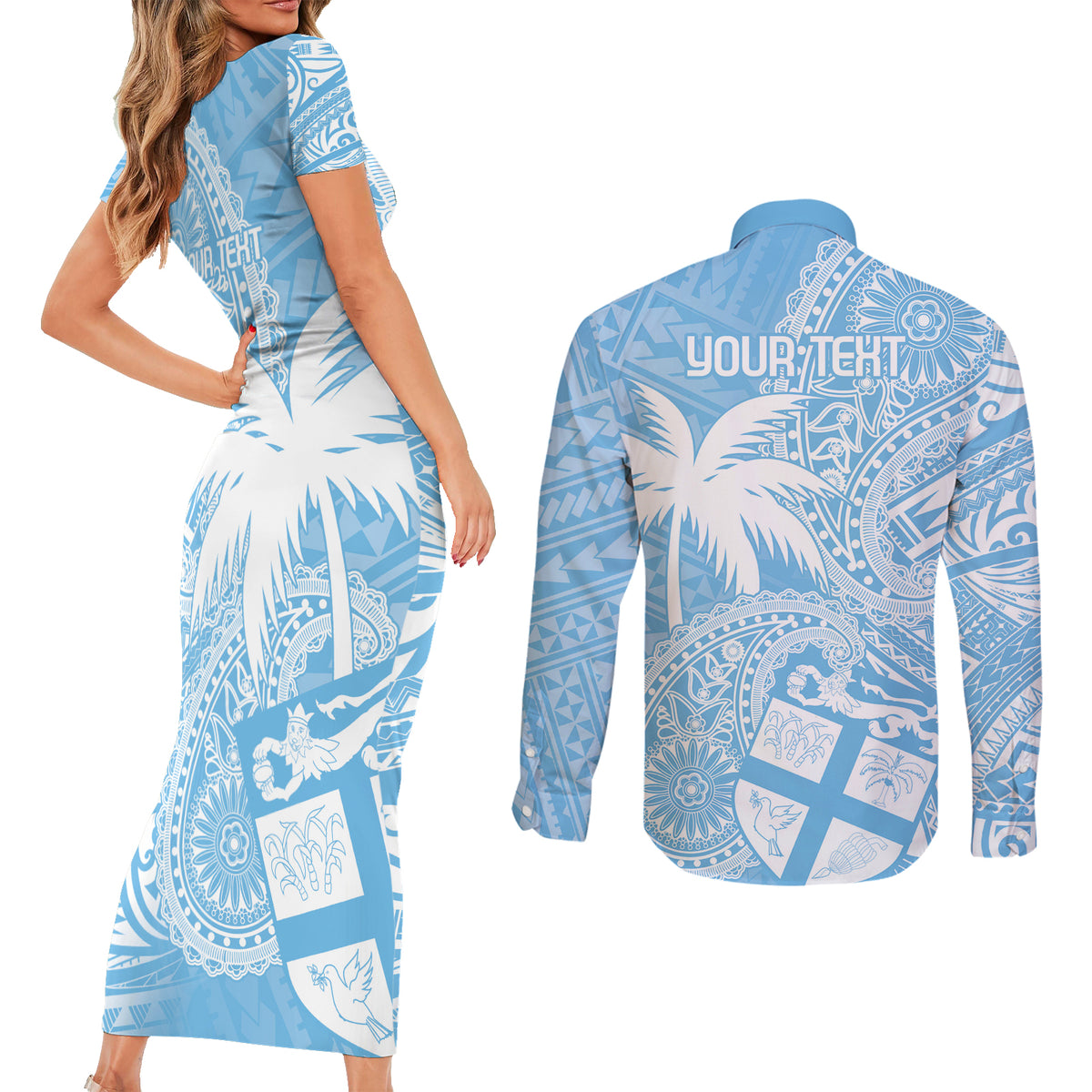 Custom Indo Fijians Couples Matching Short Sleeve Bodycon Dress and Long Sleeve Button Shirt Fiji ke Hindustani Polyneisan Paisley Blue Style LT9 - Polynesian Pride