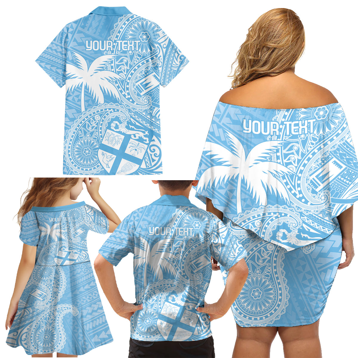 Custom Indo Fijians Family Matching Off Shoulder Short Dress and Hawaiian Shirt Fiji ke Hindustani Polyneisan Paisley Blue Style
