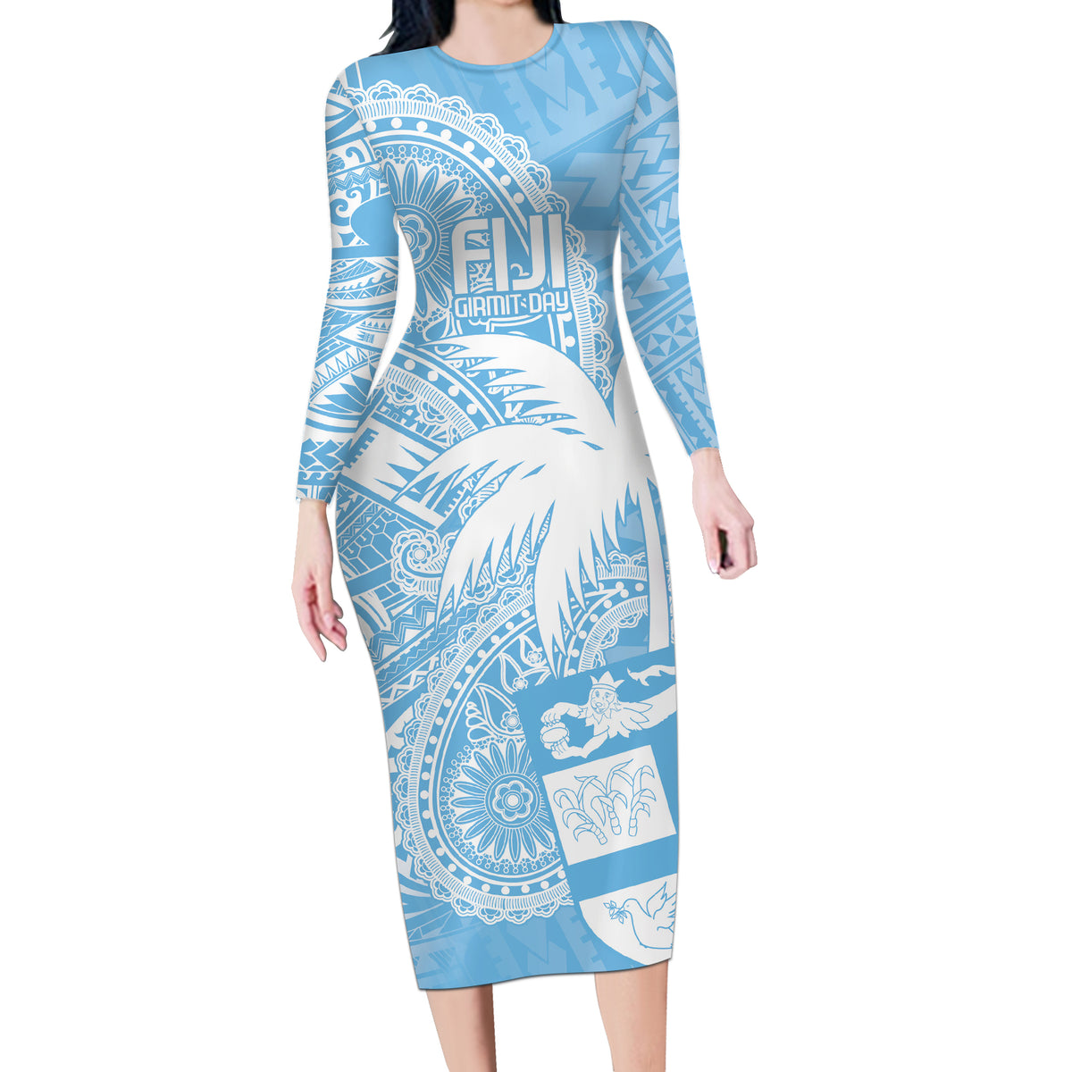 Custom Indo Fijians Long Sleeve Bodycon Dress Fiji ke Hindustani Polyneisan Paisley Blue Style LT9 Long Dress Blue - Polynesian Pride