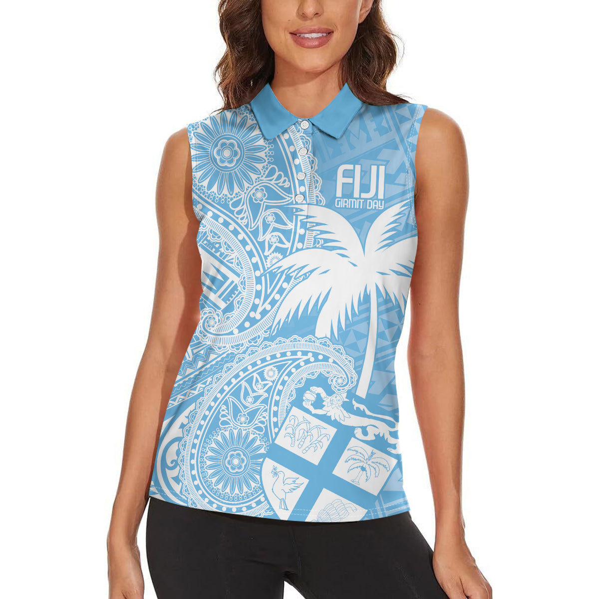 Custom Indo Fijians Women Sleeveless Polo Shirt Fiji ke Hindustani Polyneisan Paisley Blue Style LT9 - Polynesian Pride