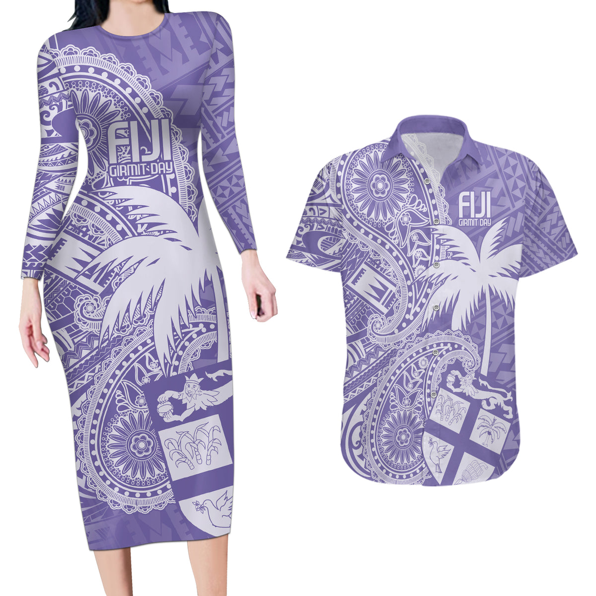 Custom Indo Fijians Couples Matching Long Sleeve Bodycon Dress and Hawaiian Shirt Fiji ke Hindustani Polyneisan Paisley Purple Style LT9 Purple - Polynesian Pride
