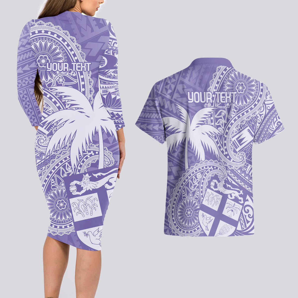 Custom Indo Fijians Couples Matching Long Sleeve Bodycon Dress and Hawaiian Shirt Fiji ke Hindustani Polyneisan Paisley Purple Style LT9 - Polynesian Pride