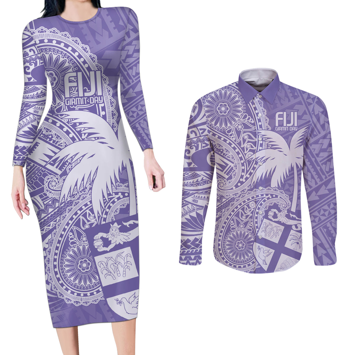 Custom Indo Fijians Couples Matching Long Sleeve Bodycon Dress and Long Sleeve Button Shirt Fiji ke Hindustani Polyneisan Paisley Purple Style LT9 Purple - Polynesian Pride