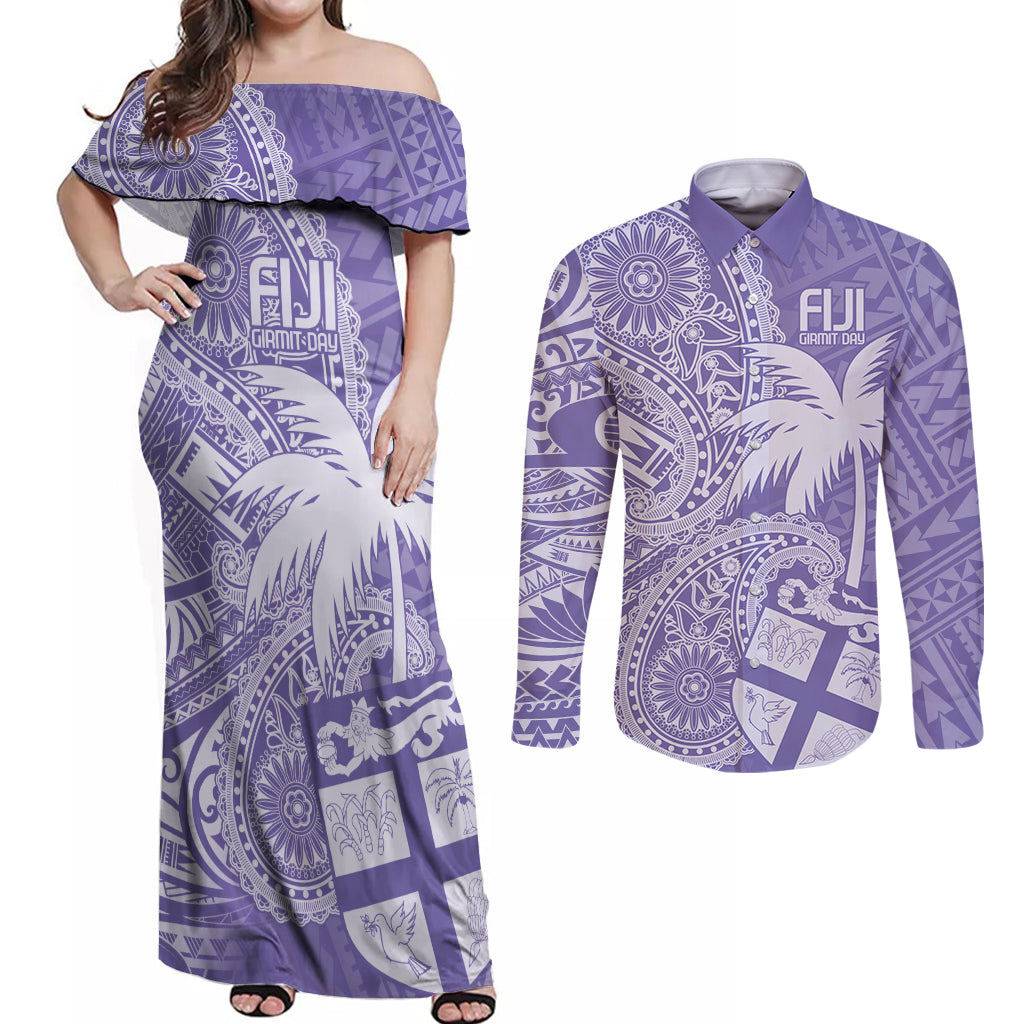 Custom Indo Fijians Couples Matching Off Shoulder Maxi Dress and Long Sleeve Button Shirt Fiji ke Hindustani Polyneisan Paisley Purple Style LT9 Purple - Polynesian Pride
