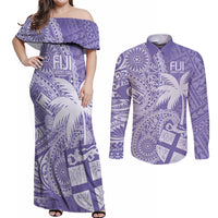 Custom Indo Fijians Couples Matching Off Shoulder Maxi Dress and Long Sleeve Button Shirt Fiji ke Hindustani Polyneisan Paisley Purple Style LT9 Purple - Polynesian Pride