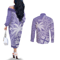 Custom Indo Fijians Couples Matching Off The Shoulder Long Sleeve Dress and Long Sleeve Button Shirt Fiji ke Hindustani Polyneisan Paisley Purple Style LT9 - Polynesian Pride