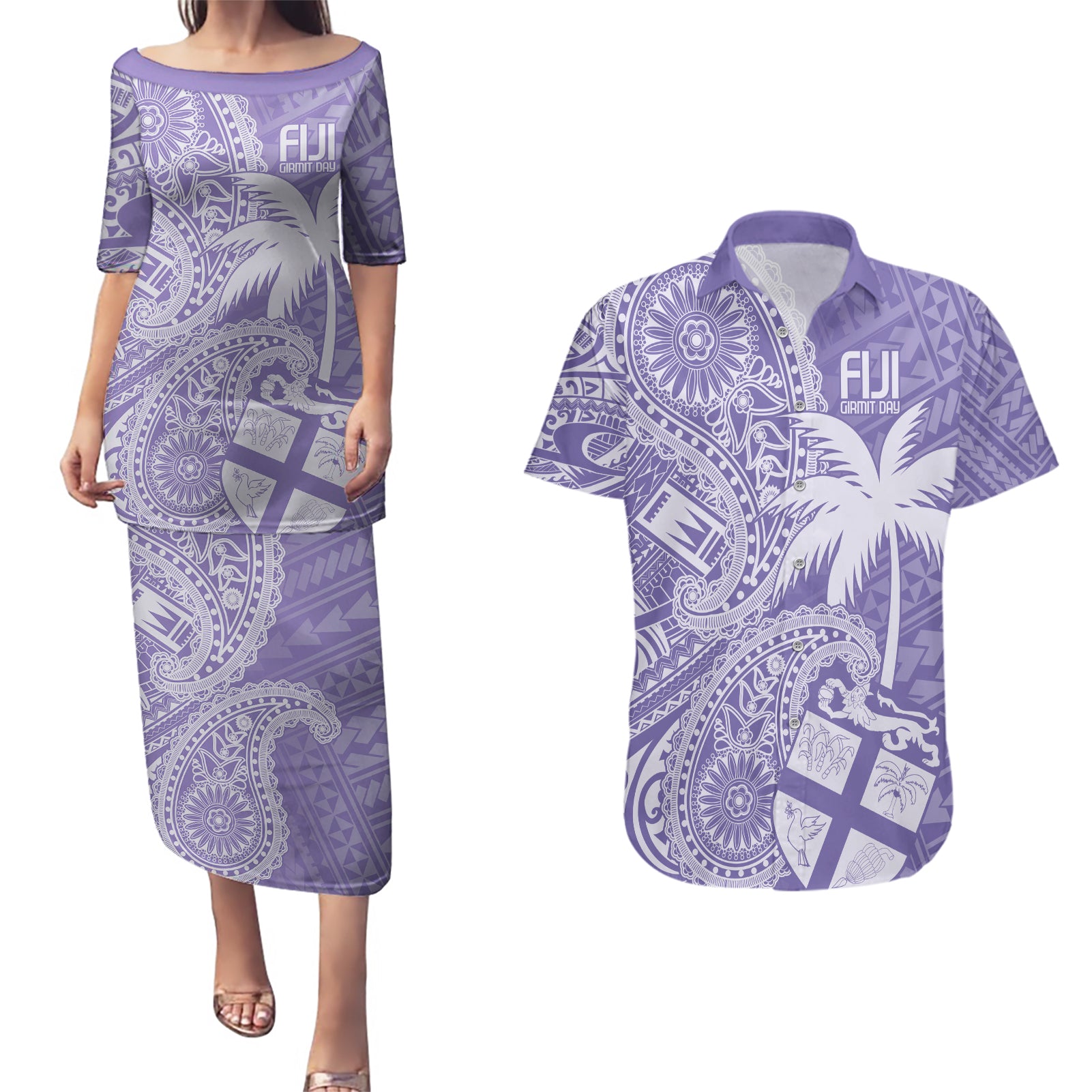 Custom Indo Fijians Couples Matching Puletasi and Hawaiian Shirt Fiji ke Hindustani Polyneisan Paisley Purple Style