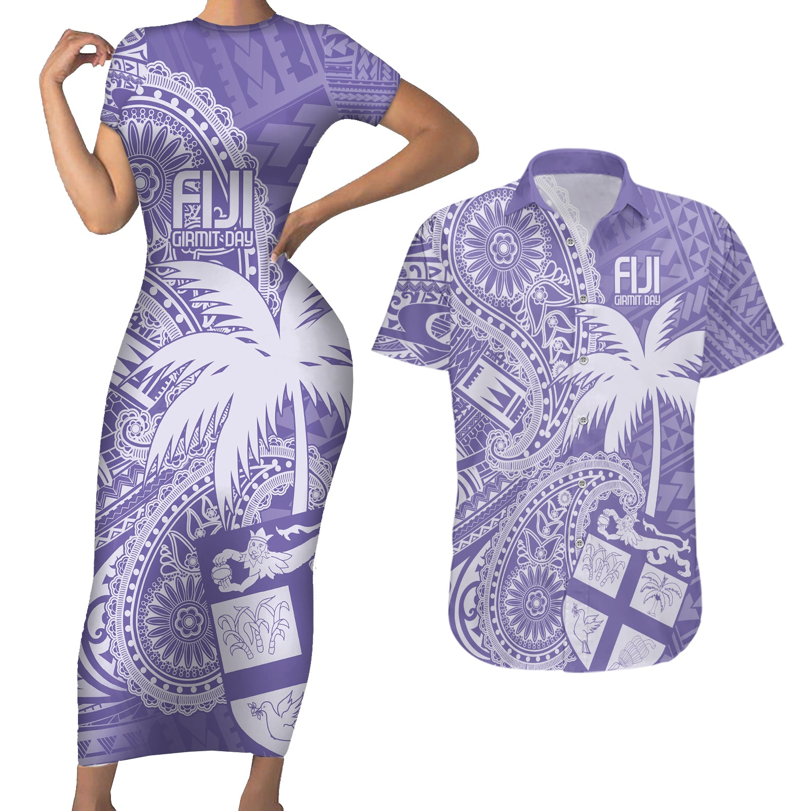 Custom Indo Fijians Couples Matching Short Sleeve Bodycon Dress and Hawaiian Shirt Fiji ke Hindustani Polyneisan Paisley Purple Style