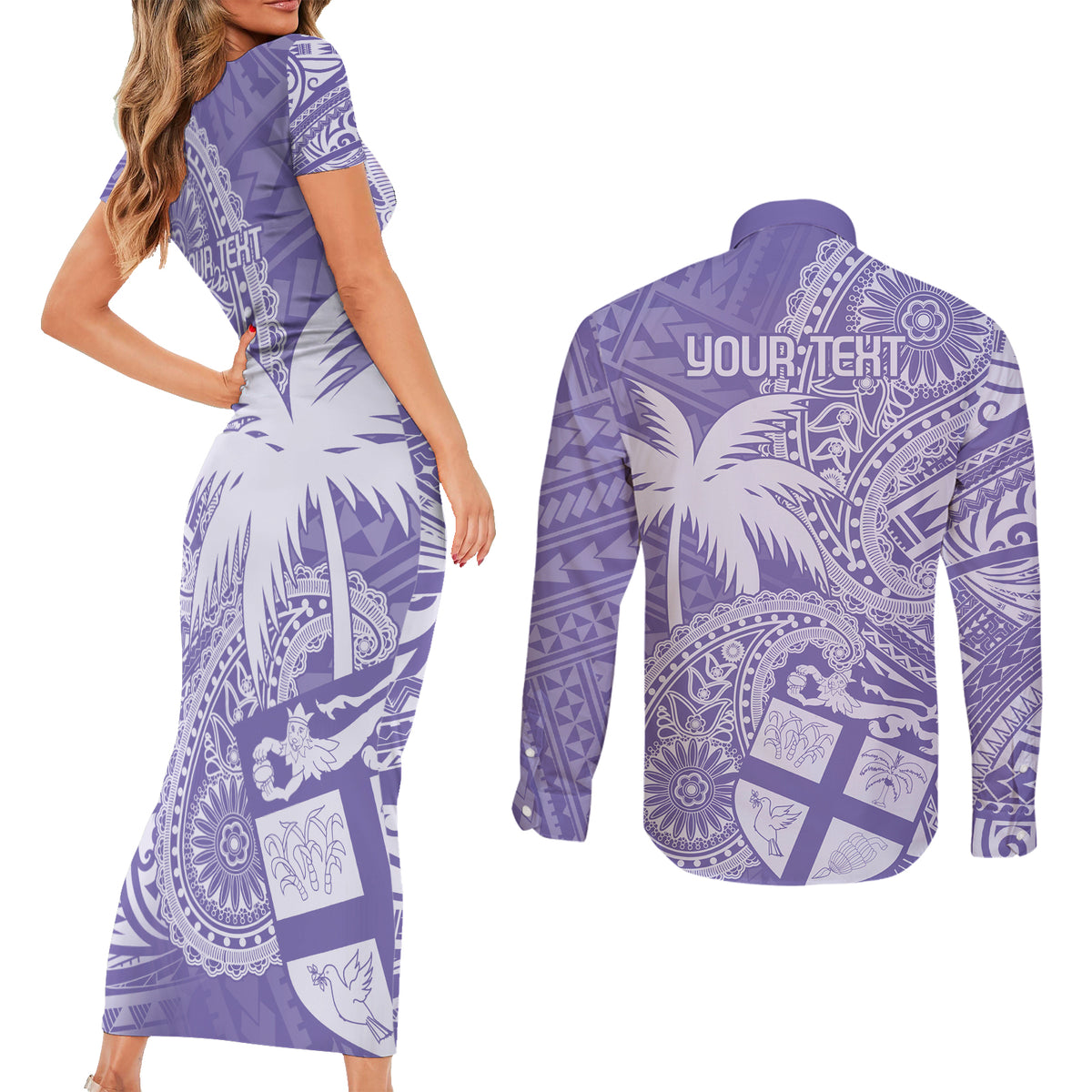 Custom Indo Fijians Couples Matching Short Sleeve Bodycon Dress and Long Sleeve Button Shirt Fiji ke Hindustani Polyneisan Paisley Purple Style LT9 - Polynesian Pride