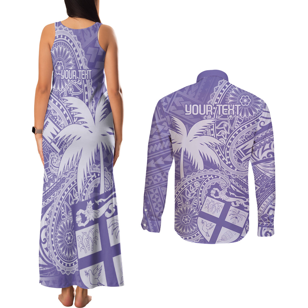 Custom Indo Fijians Couples Matching Tank Maxi Dress and Long Sleeve Button Shirt Fiji ke Hindustani Polyneisan Paisley Purple Style LT9 - Polynesian Pride