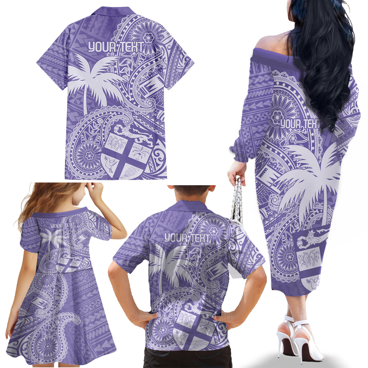 Custom Indo Fijians Family Matching Off The Shoulder Long Sleeve Dress and Hawaiian Shirt Fiji ke Hindustani Polyneisan Paisley Purple Style