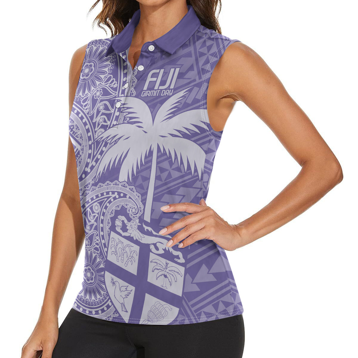 Custom Indo Fijians Women Sleeveless Polo Shirt Fiji ke Hindustani Polyneisan Paisley Purple Style